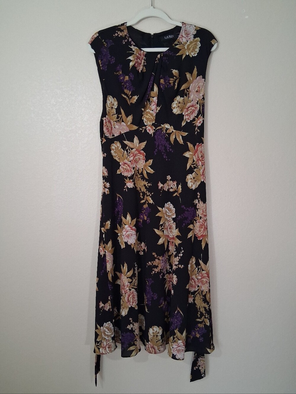 Lauren Ralph Lauren 16 Floral Print Tie Front Midi Dress Black Career Work NEW